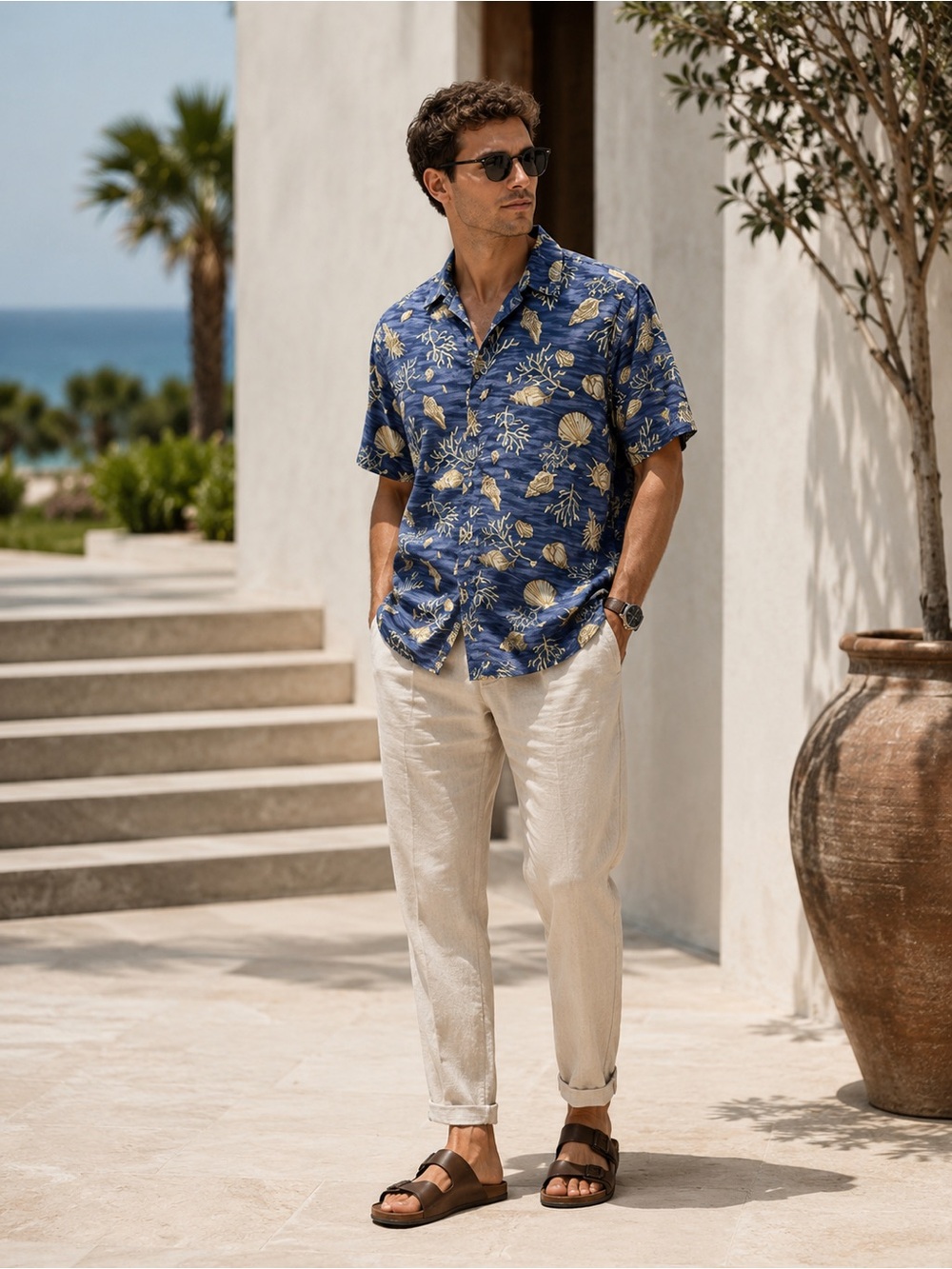 Pierre Cardin Hawaiian Shirt Men L Blue Shell Print 100% Cotton Beach Summer